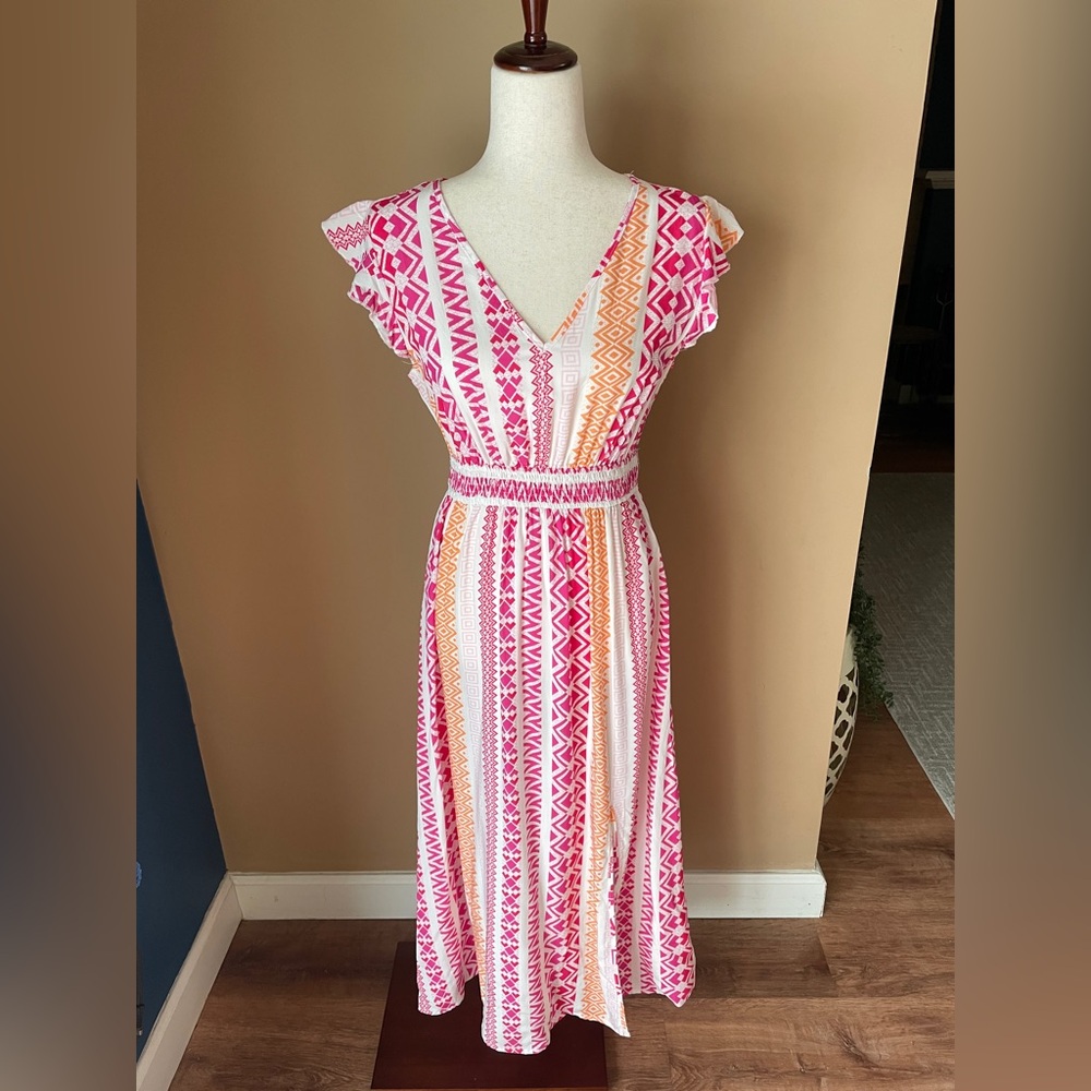 Cupshe Boho Maxi‎ Dress V Neck Flutter Sleeve Small Aztec Beachy Slit Smocked